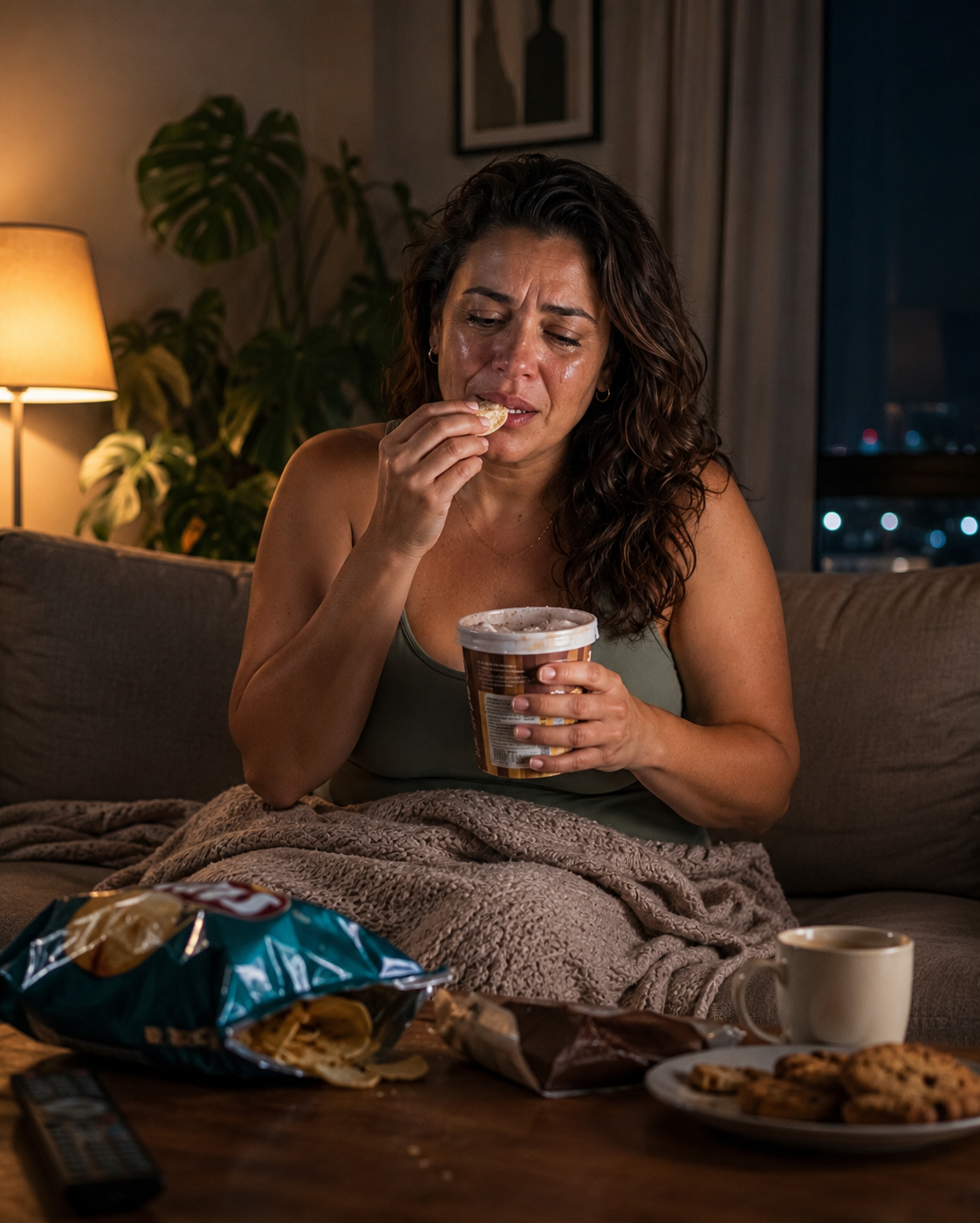 Mulher angustiada cercada de comida, representando fome emocional